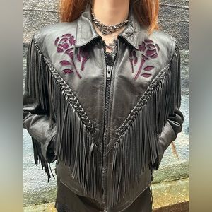 LEATHER BIKER JACKET WITH PURPLE ROSES AMD TASSELS